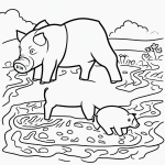 Black and white vector line art of a pig playing in the mud with bold, clean outlines on a flat white background, perfect for children's coloring pages.