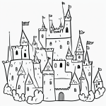 Simple black and white vector line art featuring a castle with tall towers and flags, designed for children's printable coloring pages with bold clean outlines.