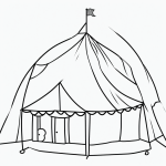 A simple black and white vector line art of a circus tent with flags, featuring bold clean outlines and minimal composition, ideal for children's coloring pages.