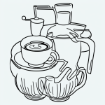 A simple coffee cup cartoon line art in black and white with clean outlines and blank fill areas, ideal for coloring book enthusiasts.