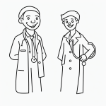 Black and white vector line art of a doctor with a stethoscope and a smiling patient, featuring bold clean outlines, perfect for a children's coloring page.