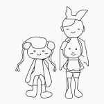 A simple black and white vector line art of a doll sitting with pigtails, featuring bold, clean outlines and a flat white background, ideal for a children's coloring page.
