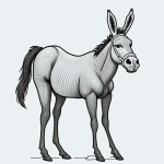 A simple donkey cartoon in black and white line art style, perfect for coloring with clean outlines and blank fill areas, featuring no shading or gradients.