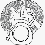 Simple black and white vector line art of a drum with musical notes, featuring bold outlines and contour drawing for children's printable coloring pages.
