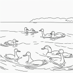 Black and white vector line art of a family of ducks swimming with bold, clean outlines, ideal for a printable coloring page.
