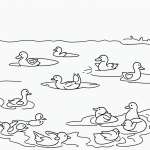 Simple black and white vector line art of a duck family swimming in a pond, designed as a children's printable coloring page with bold, clean outlines.