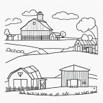 Simple black and white vector line art of a farm with barn and tractor, designed for children's coloring activities with bold and clean outlines.