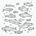 Simple black and white vector line art of fish swimming in an aquarium, featuring bold clean outlines and minimal composition for children's coloring.