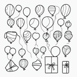 Simple black and white vector line art of wrapped gifts and balloons, featuring bold clean outlines for children's printable coloring pages.