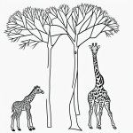 Simple black and white vector line art of a giraffe eating leaves from a tall tree, featuring bold clean outlines and minimal composition for children's coloring.