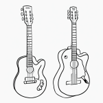 Simple black and white vector line art of a guitar and microphone with bold outlines, perfect for children's printable coloring pages.