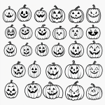 Simple black and white vector line art of Halloween pumpkins with happy faces, ideal for children's coloring pages with bold outlines and minimal composition.