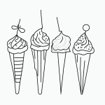 Simple black and white line art of an ice cream cone with three scoops, featuring bold outlines and no fill, ideal for children's coloring pages.