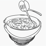 Simple black and white vector line art of a bowl of soup with a spoon, featuring bold clean outlines on a flat white background, perfect for children's coloring.