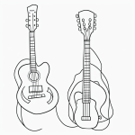 Black and white vector line art of a guitar and microphone with bold clean outlines on a flat white background, ideal for a children's printable coloring page.