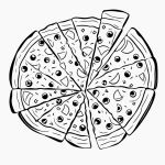 Simple black and white vector line art of a pizza slice with cheese and toppings, designed as a children's printable coloring page.