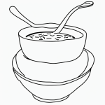 A simple black and white vector line art of a bowl of soup with a spoon, featuring bold outlines and minimal composition, perfect for children's coloring pages.