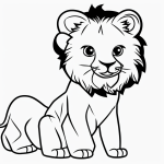 A simple black and white vector line art of a cute smiling lion cub with bold clean outlines on a flat white background, perfect for children's coloring pages.