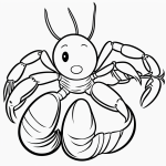 Black and white lobster cartoon line art with simple outlines, ideal for coloring book pages, featuring a clean, uncolored design with no shading.