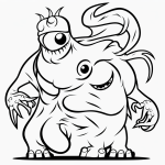 Line art of a simple monster cartoon in black and white, ideal for coloring books with clean outlines and blank fill areas, showcasing an uncolored, creative design.