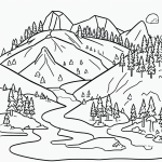Black and white vector line art of a mountain landscape with pine trees and a river, designed for a children's coloring page. Minimal composition with bold outlines.