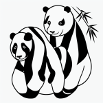 Simple black and white vector line art of a panda sitting and eating bamboo, featuring bold clean outlines on a flat white background, perfect for coloring.