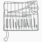 Simple black and white vector line art of a piano keyboard with musical notes, featuring bold clean outlines on a flat white background, ideal for children's coloring pages.
