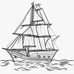 Simple black and white vector line art of a pirate ship with bold outlines and a flat white background, designed for a children's printable coloring page.