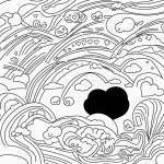 Simple black and white vector line art of a rainbow with clouds and hearts. Bold outlines and minimal composition, ideal for a children's printable coloring page.