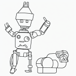 Simple black and white vector line art of a robot toy waving, designed as a children's printable coloring page with bold, clean outlines and flat white background.
