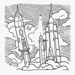 A simple black and white vector line art image of a rocket ship launching into space, featuring bold clean outlines on a flat white background, designed for kids' coloring.