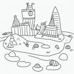 Simple black and white vector line art of a sandcastle with seashells, featuring bold clean outlines for a children's printable coloring page.