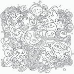 Black and white line art featuring simple shapes with happy faces, offering a blank canvas for creativity with clean outlines and no shading.