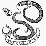 A simple snake cartoon in pure black and white line art, perfect for coloring books with clean outlines and blank fill areas, no shading or gradients.