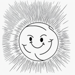 Simple black and white vector line art of a bright sun with rays and a smiling face, designed for children's printable coloring pages.