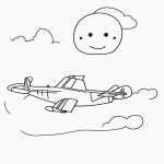 Simple black and white vector line art of a toy airplane with a smiling face, ideal for children's printable coloring activities.