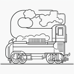 A simple black and white vector line art of a train engine with smoke, featuring bold clean outlines, perfect for children's printable coloring pages.