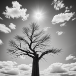 Black and white line art of a tree with clouds and a sun, designed with simple outlines and blank fill areas, perfect for coloring book enthusiasts.