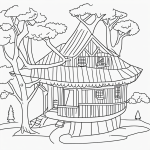 Simple black and white vector line art of a treehouse among tall trees, featuring bold clean outlines for a children's printable coloring page.