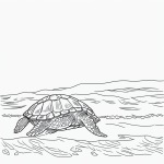 Black and white vector line art of a turtle walking on the beach with bold, clean outlines and minimal composition, perfect for coloring enthusiasts.
