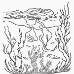 Black and white vector line art depicting an underwater scene with coral and seaweed, designed as a children's printable coloring page with bold outlines.