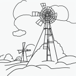 Simple black and white vector line art of a windmill on a hill with bold outlines, ideal for children's printable coloring pages.