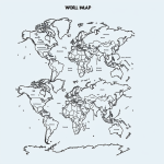 A simplified world map with clean, uncolored black and white line art outlines, perfect for coloring enthusiasts seeking a blank canvas.
