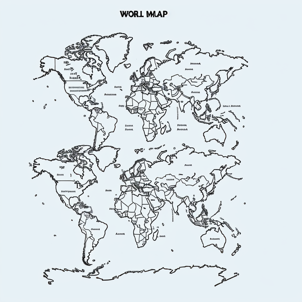 Simplified World Map: Uncolored Line Art for Coloring