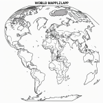 A simplified world map in black and white line art, featuring clean outlines and uncolored areas, perfect for coloring book style creative projects.