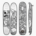 Black and white skateboard cartoon line art with simple outlines and blank fill areas, perfect for coloring book style enthusiasts.