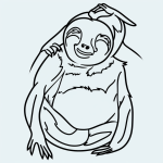 A simple sloth cartoon in line art style with black and white outlines, perfect for coloring books. Features clean outlines and blank fill areas on a white background.