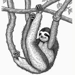Black and white line art of a sloth hanging on a tree, featuring clean outlines and blank fill areas, ideal for coloring book enthusiasts.