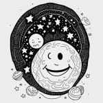 Simple black and white line art of a smiling planet Earth surrounded by stars, designed for children’s printable coloring with minimal composition and bold outlines.
