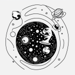 A simple black and white line art of a smiling planet Earth with stars, designed as a children's printable coloring page with bold outlines and minimal composition.